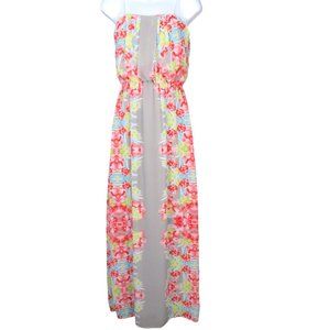 City Triangles Gray and Pink Tropical Floral Strapless Maxi Dress Size S EUC